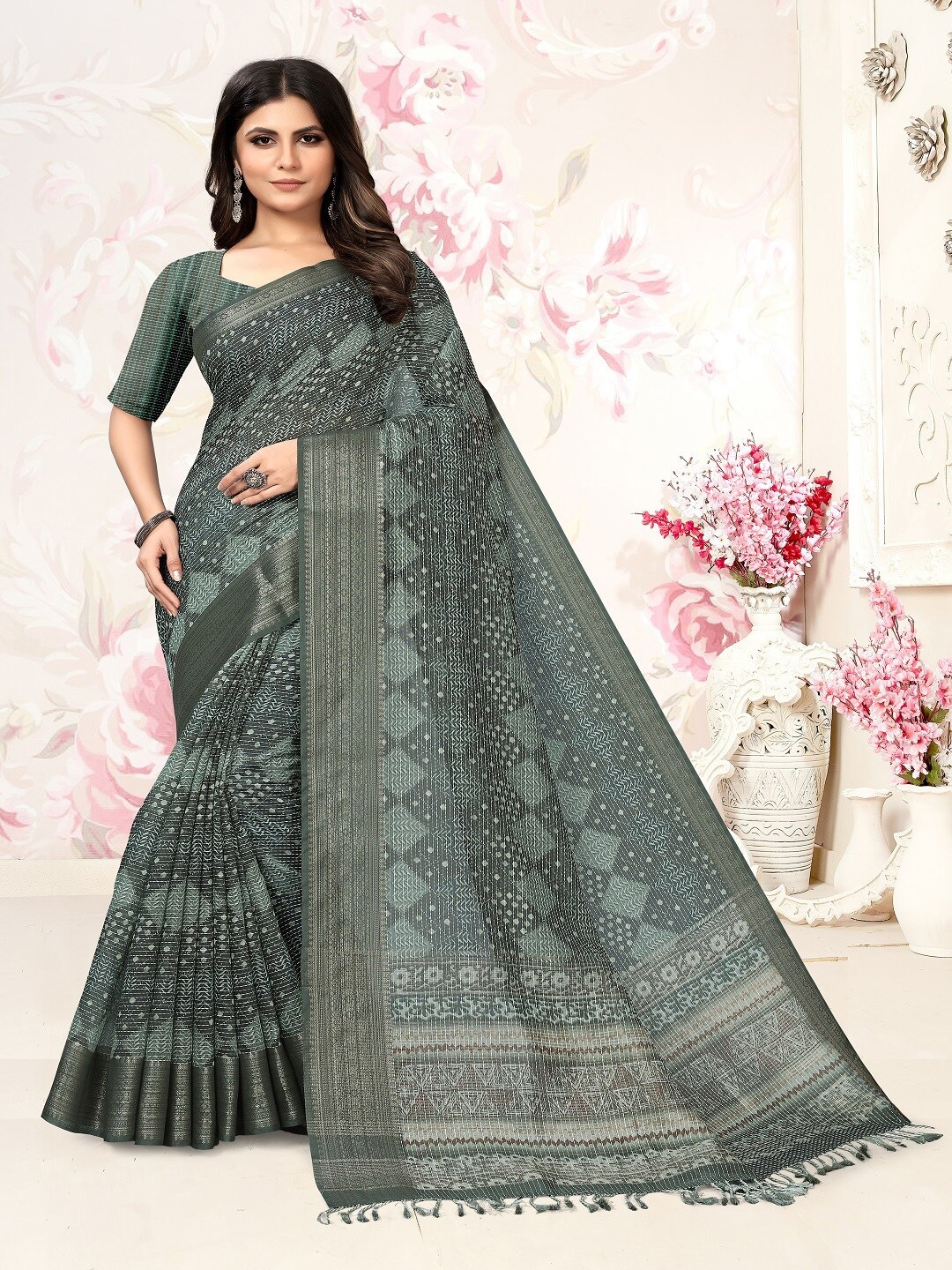 

ARYZE Ethnic Motifs Zari Silk Cotton Saree, Green