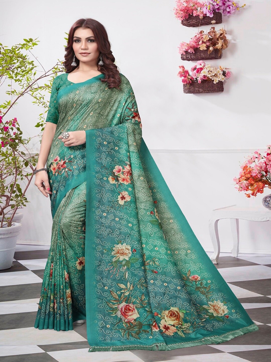 

ARYZE Bandhani Silk Blend Saree, Teal