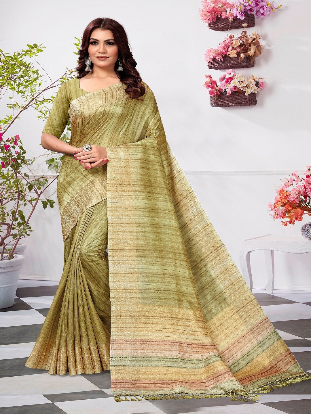 

ARYZE Striped Silk Blend Saree, Yellow