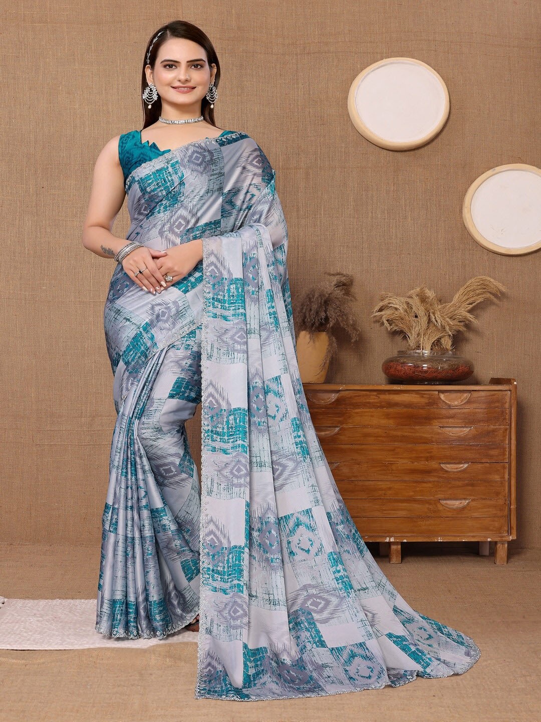 

ARYZE Beads and Stones Satin Saree, Teal