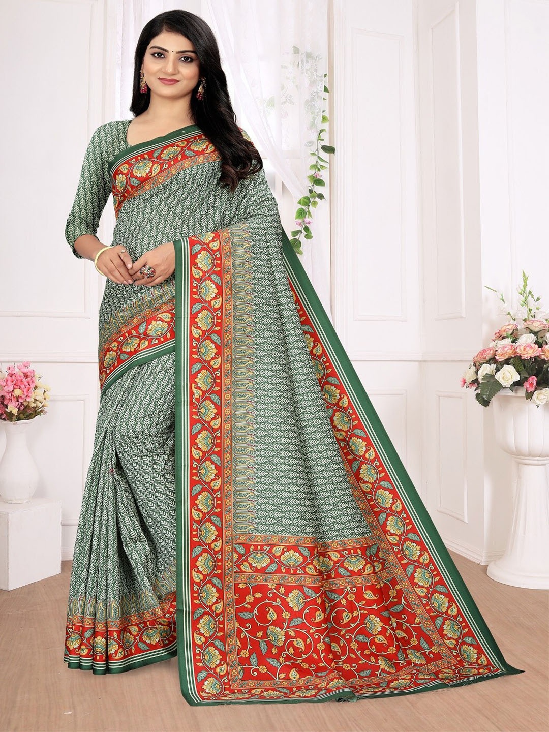 

ARYZE Ethnic Motifs Silk Blend Saree, Green