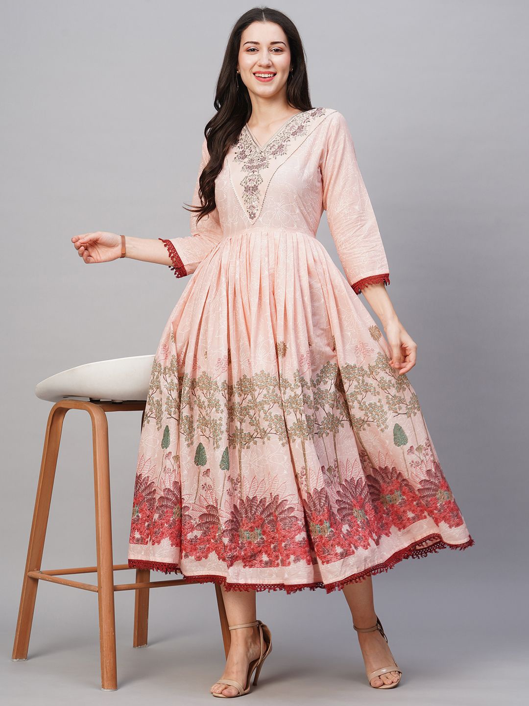 

Kiana Ethnic Motifs Printed Sequined Pure Cotton Maxi Midi Dress, Pink