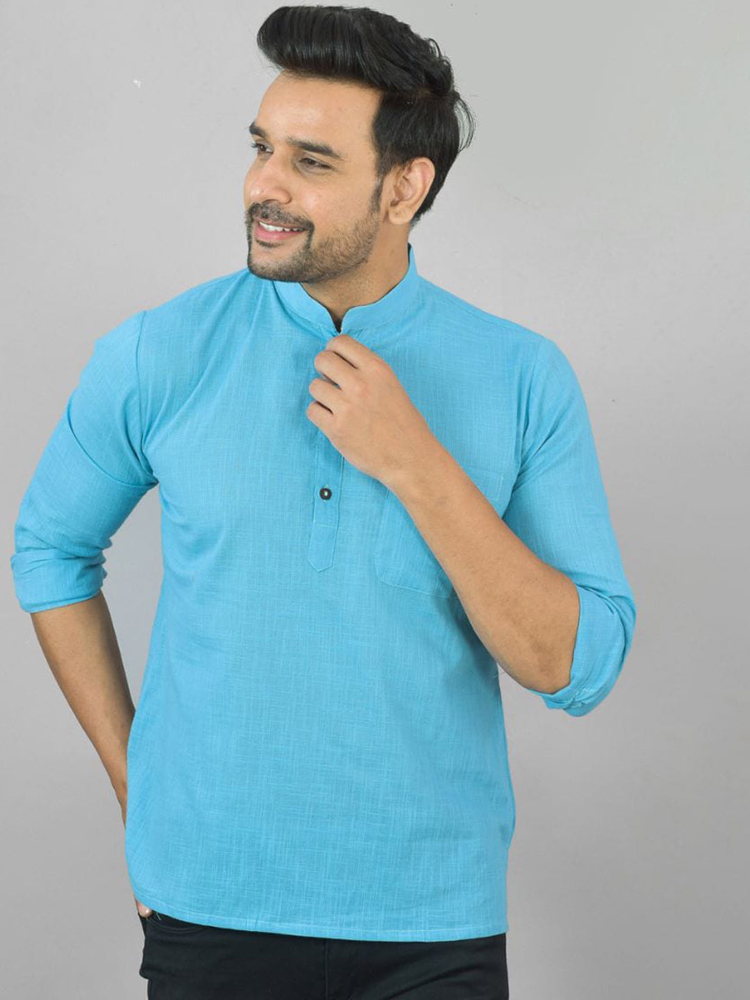 

Navyas Fashion Mandarin Collar Cotton Short Kurta, Turquoise blue