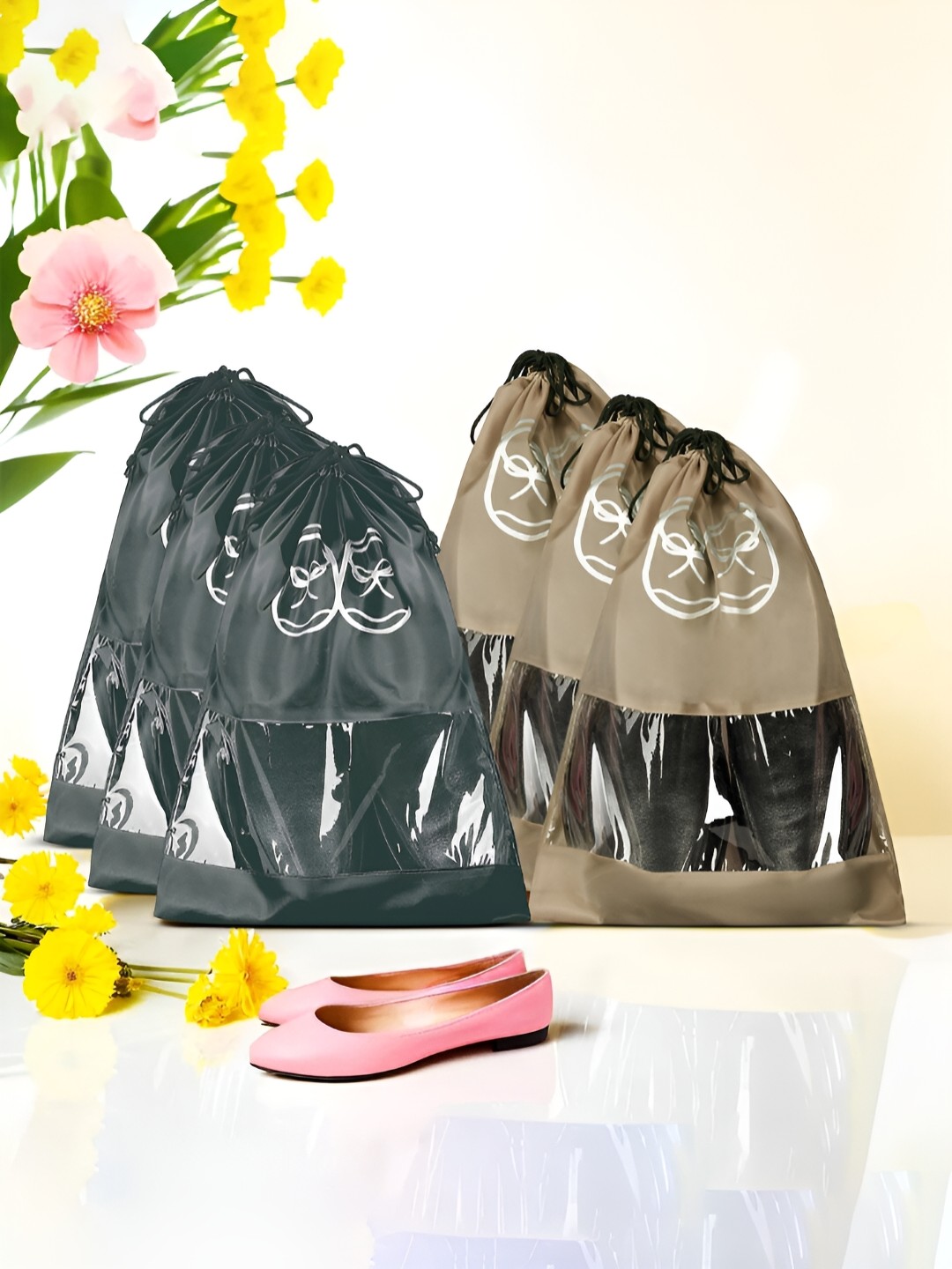 

Kuber Industries Pack Of 6 Shoe Cover Bags With Transparent Window, Brown