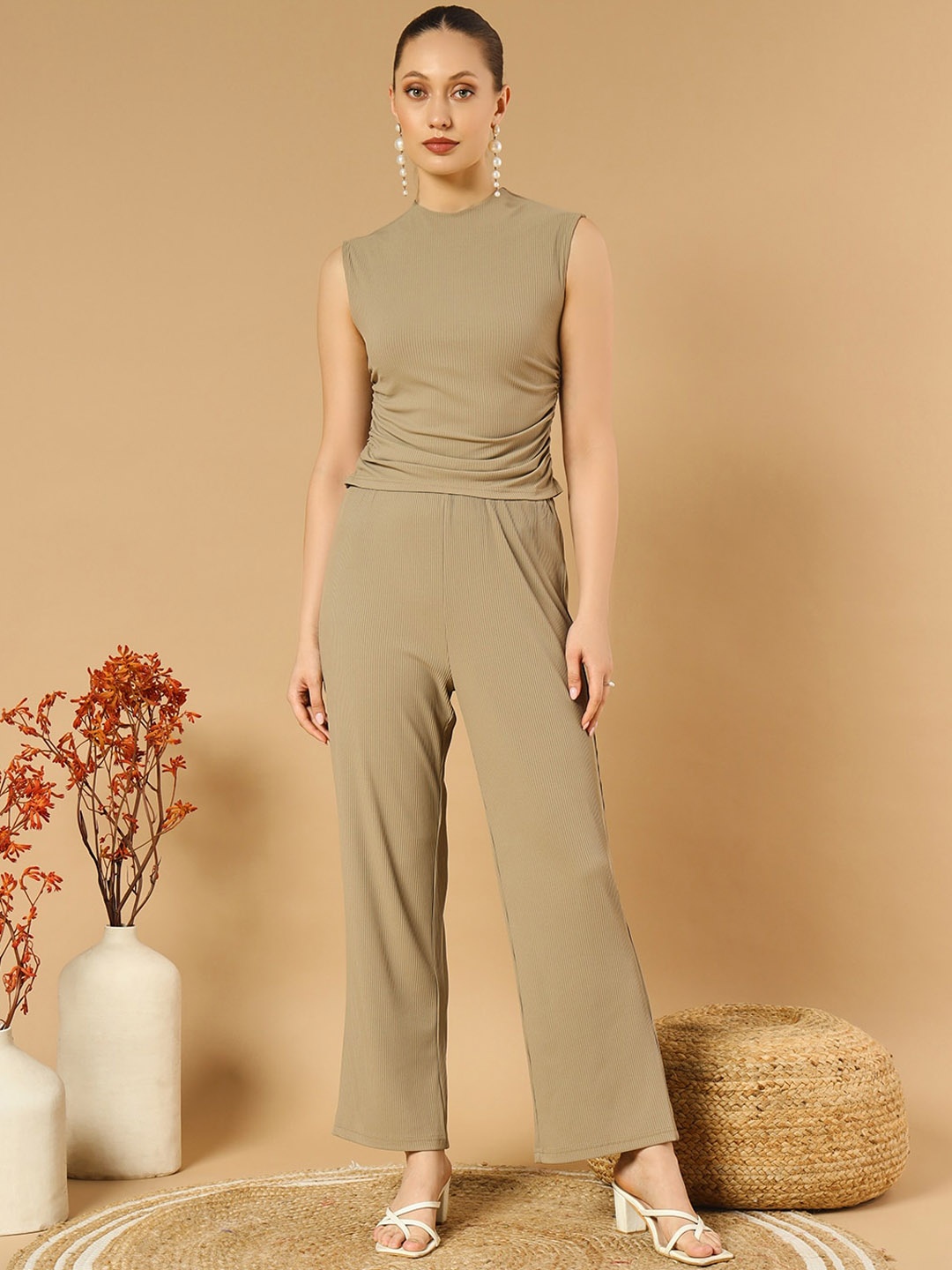 

WoowZerz Ribbed Sleeveless Ruched Top With Trousers, Beige