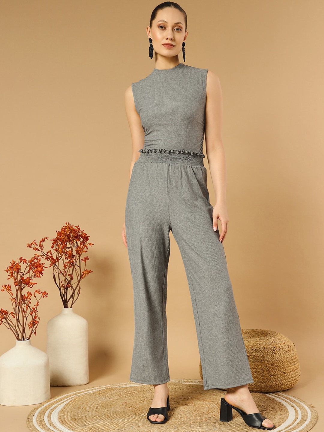 

WoowZerz Ribbed Sleeveless Ruched Top With Trousers, Grey