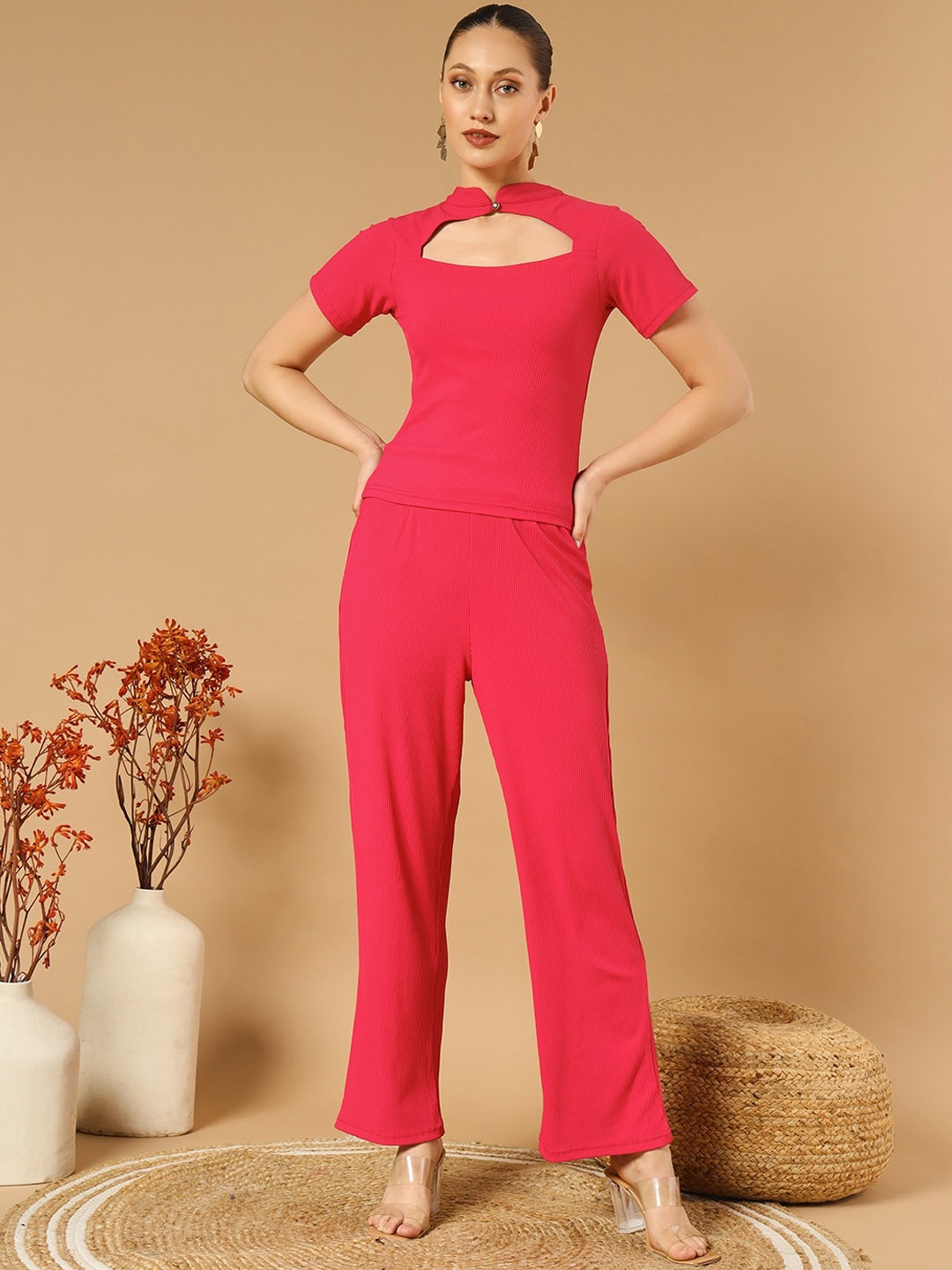 

WoowZerz Ribbed Keyhole Neck Top With Trousers, Pink