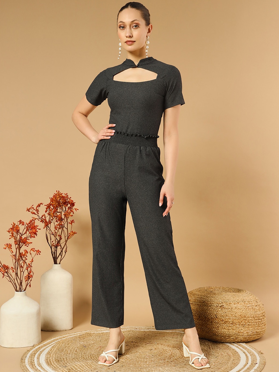 

WoowZerz Ribbed Keyhole Neck Top With Trousers, Grey