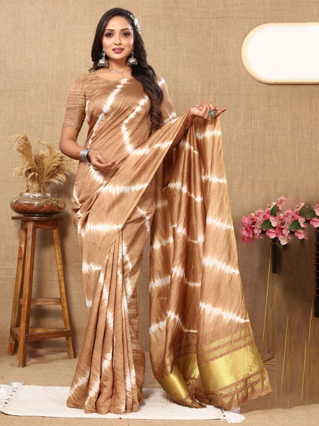 

Pemal Designer Leheriya Saree, Brown