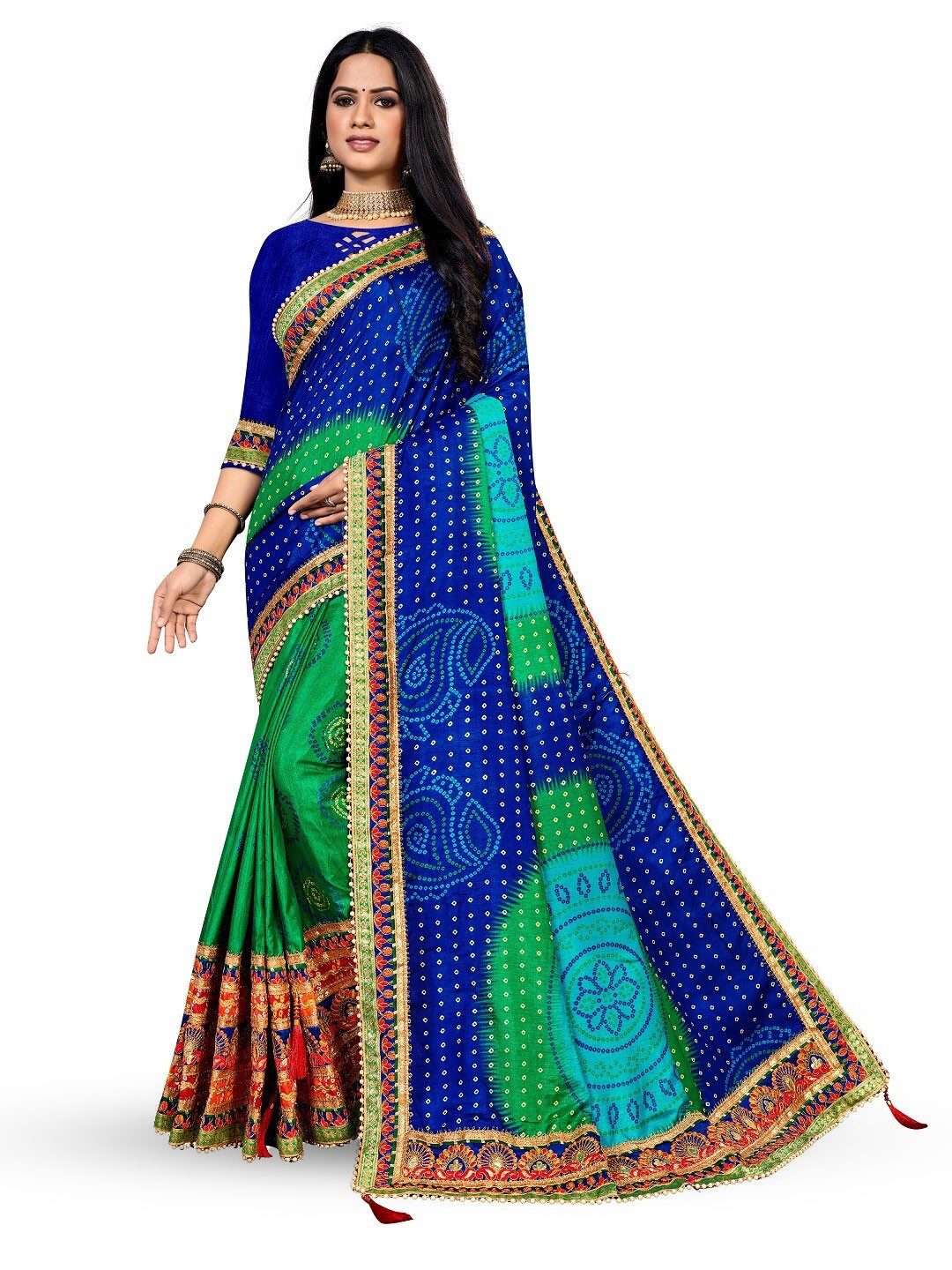 

TINA FASHION Bandhani Embroidered Half and Half Bandhani Saree, Blue