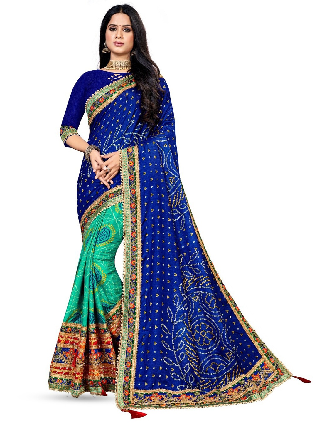 

TINA FASHION Bandhani Embroidered Half and Half Bandhani Saree, Blue