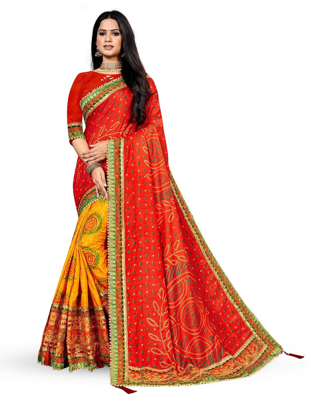 

TINA FASHION Bandhani Embroidered Bandhani Saree, Red
