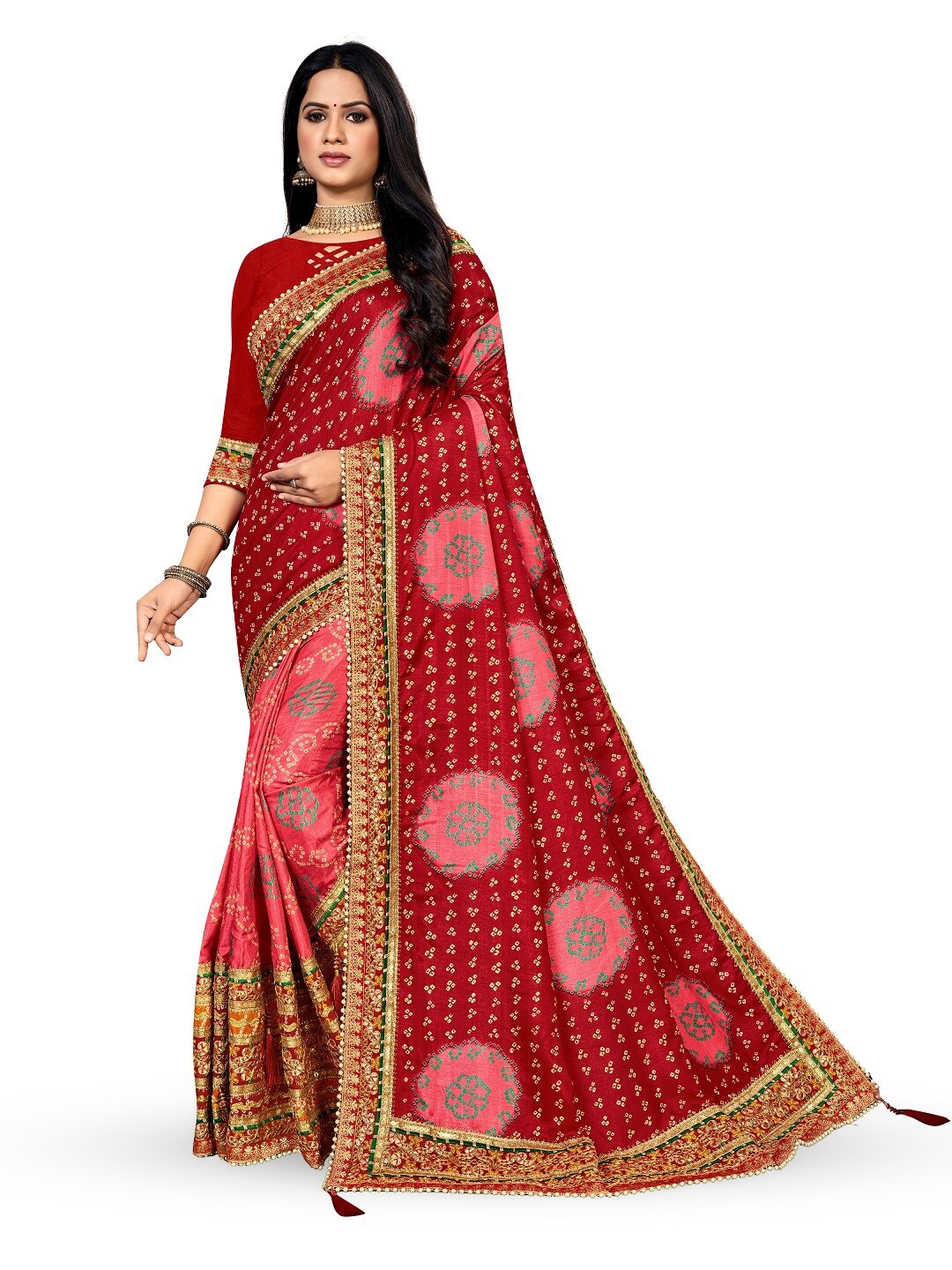 

TINA FASHION Bandhani Embroidered Bandhani Saree, Red
