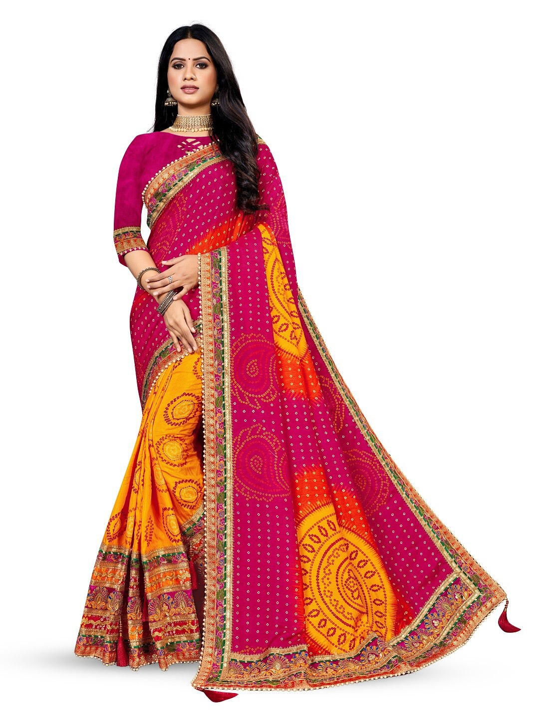 

TINA FASHION Bandhani Embroidered Half and Half Bandhani Saree, Fuchsia