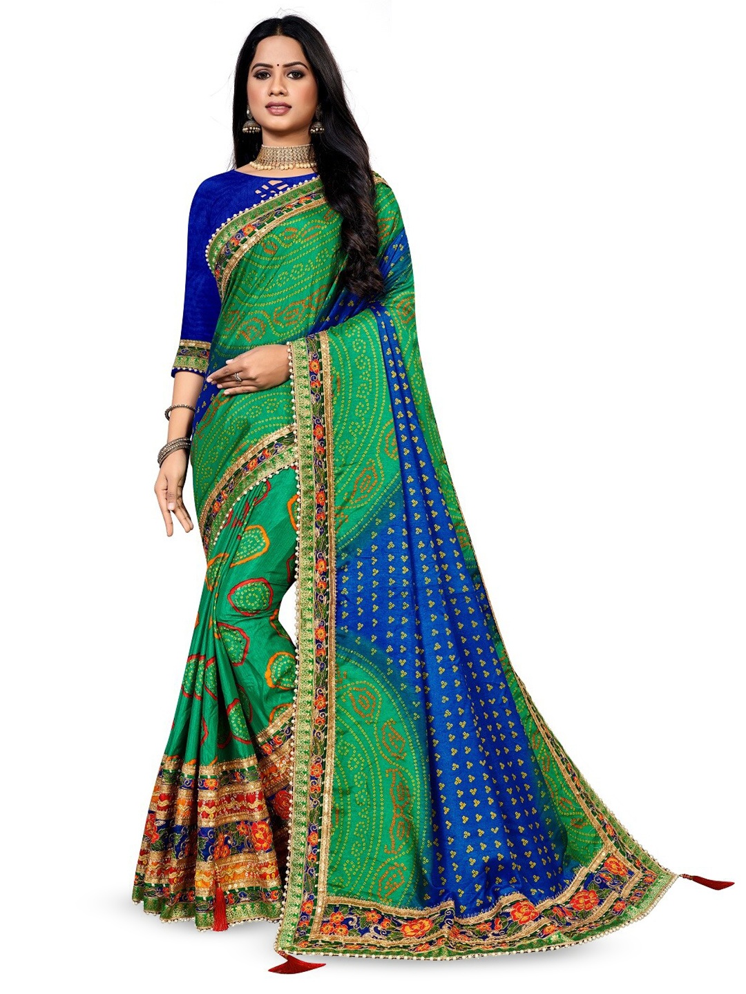 

TINA FASHION Bandhani Zari Bandhani Saree, Green