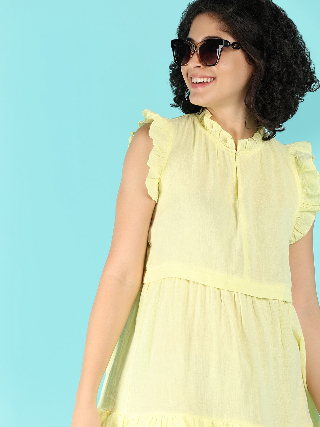 

UNLIMITED Round Neck Cotton A-Line Dress, Yellow