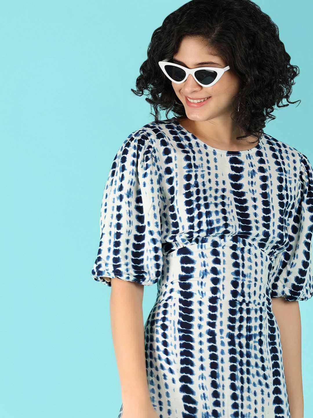 

UNLIMITED Printed Puff Sleeves A-Line Midi Dress, Blue