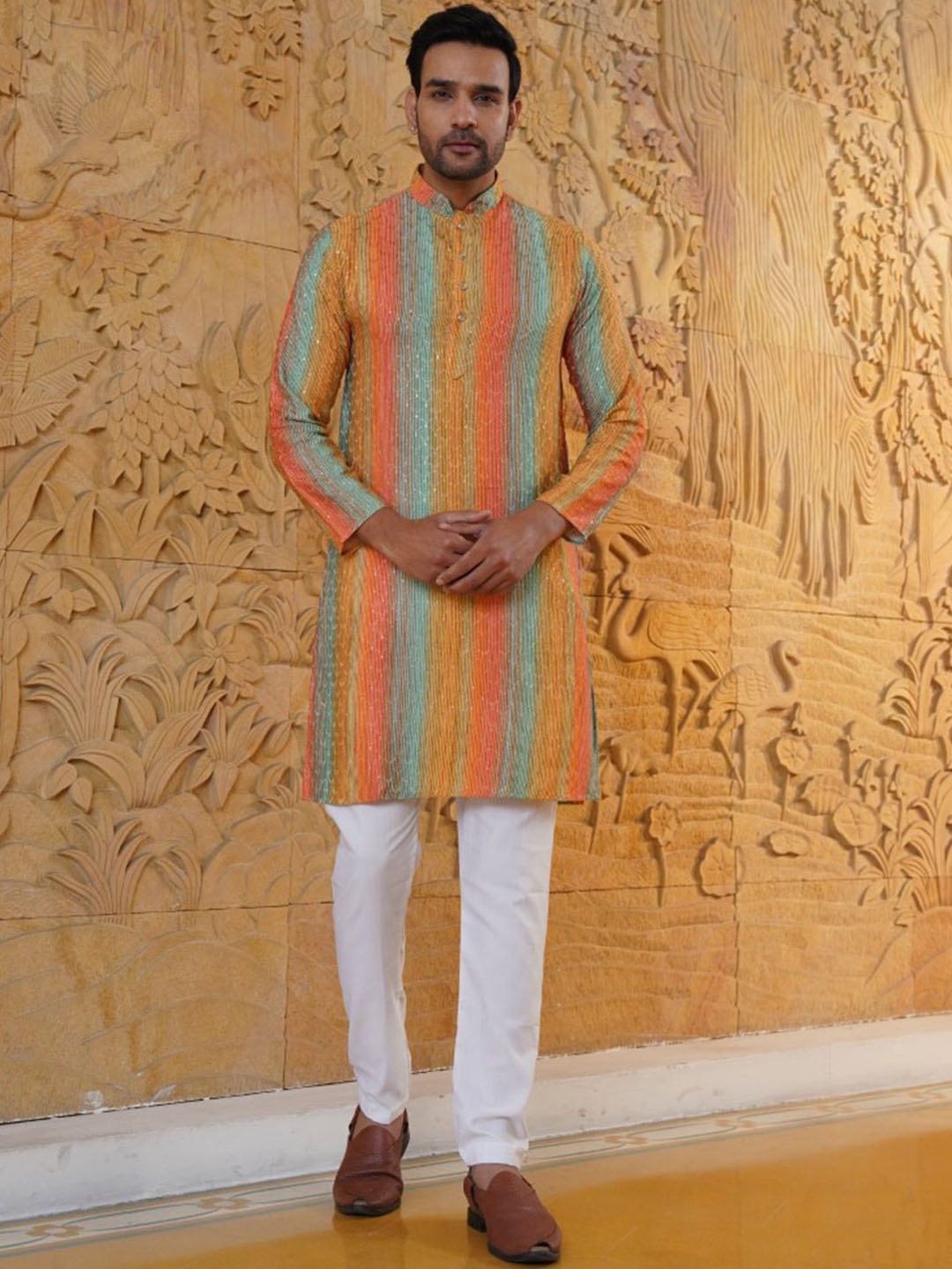 

Aanys Culture Striped Sequinned Mandarin Collar Straight Kurta, Orange