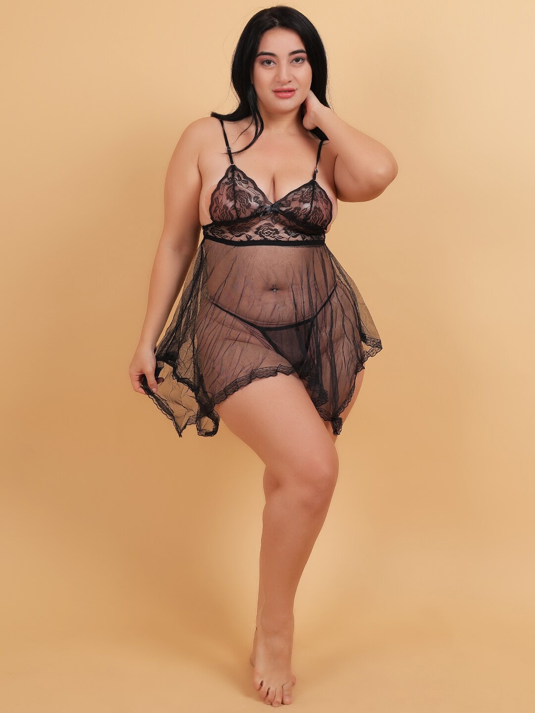 

COLOR STYLE Net Baby Doll with Asymmetric, Black