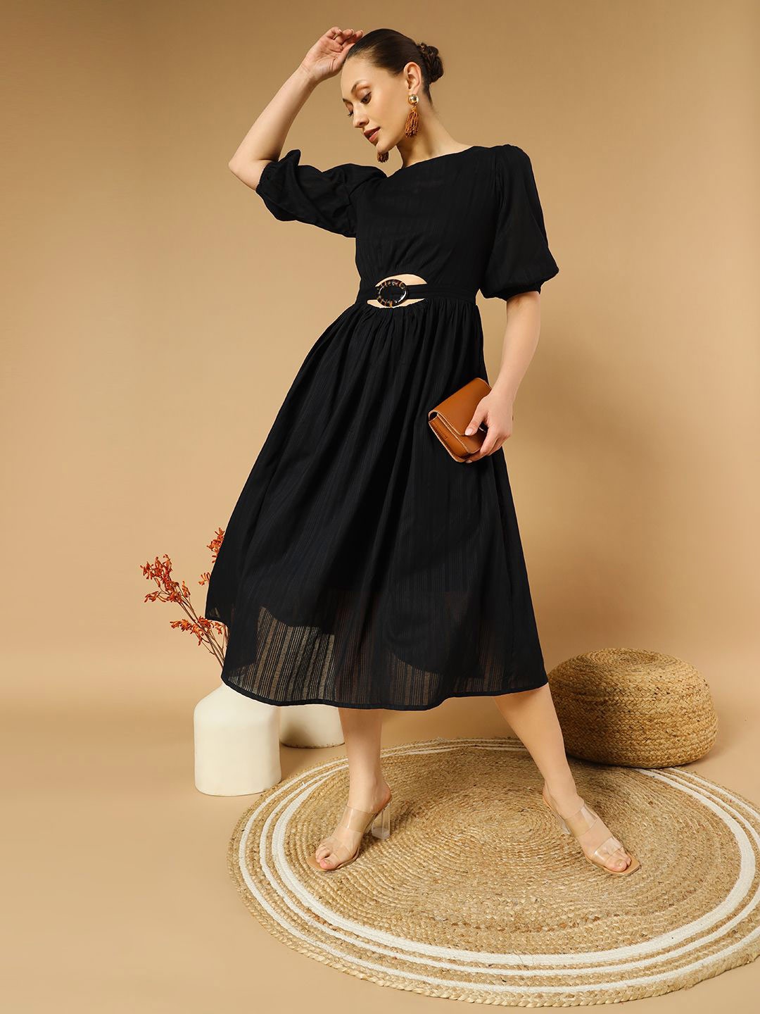 

WoowZerz Puff Sleeves Gathered Cotton Midi Fit & Flare Dress, Black