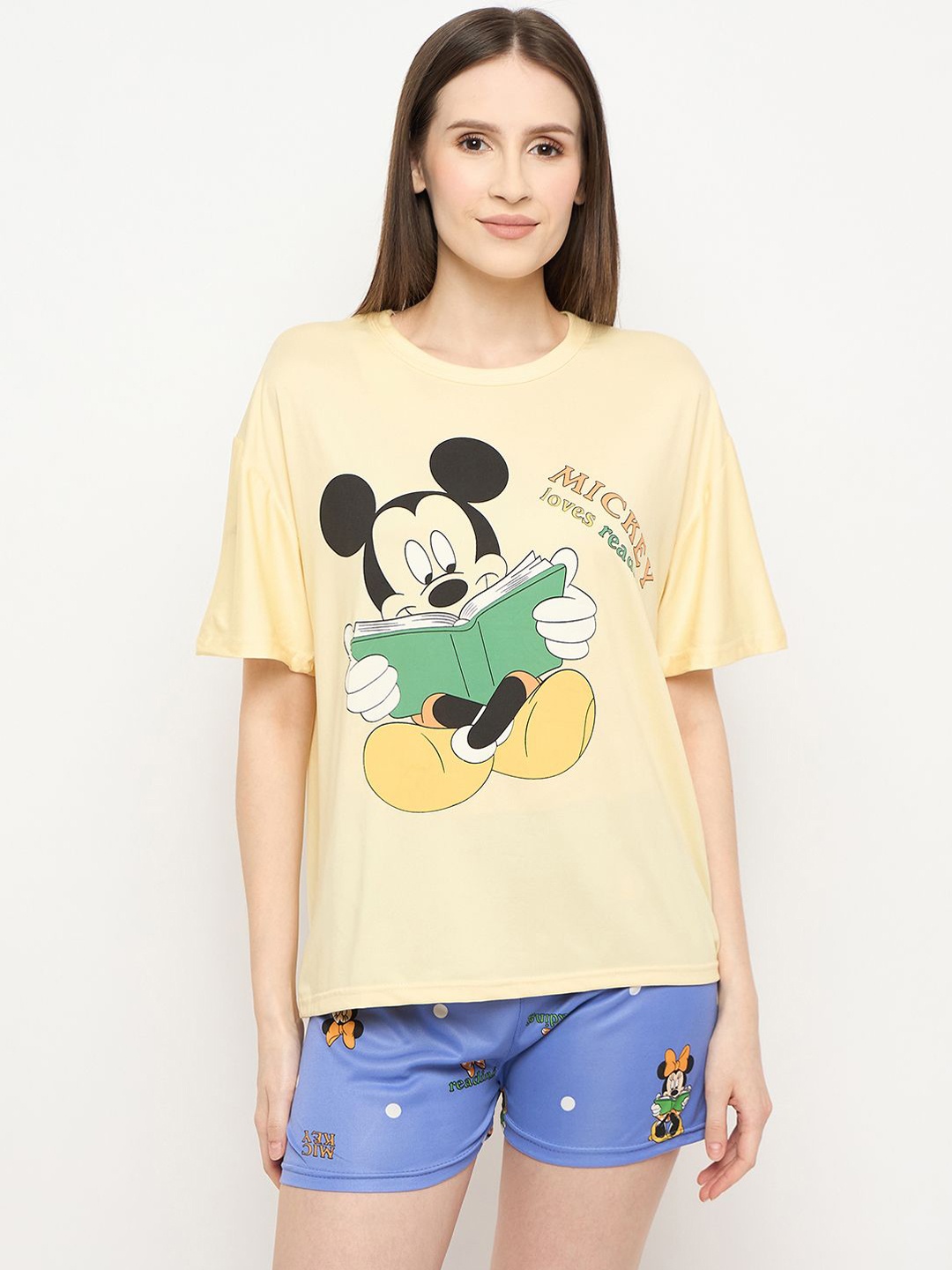 

Camey Mickey Mouse Printed Cotton Crop Night Suit, Yellow