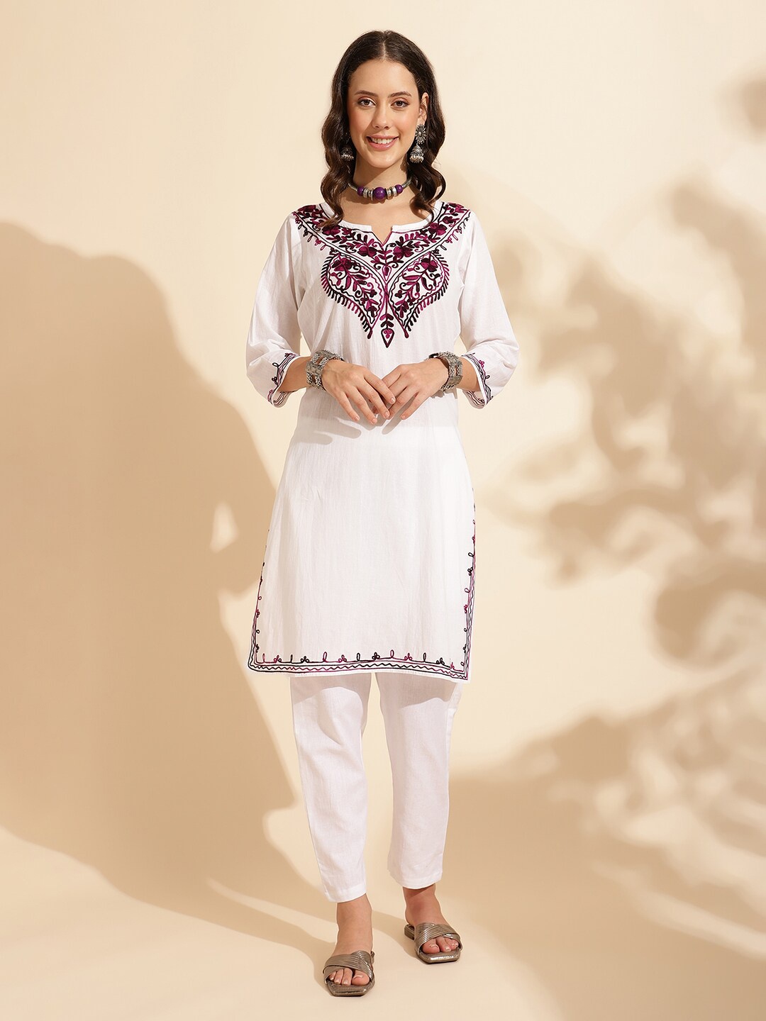 

KALINI Embroidered Cotton Straight Kurta, White