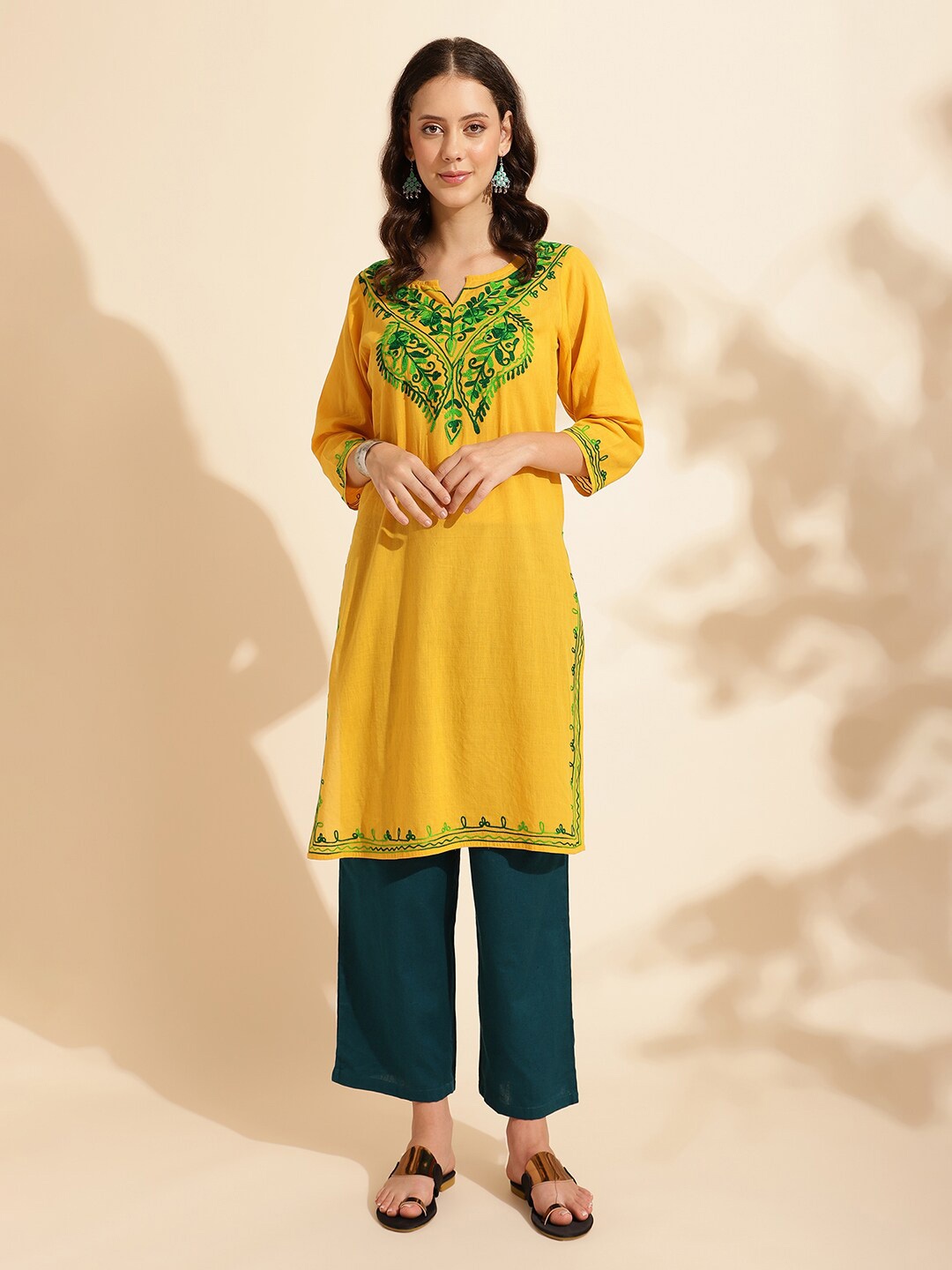 

KALINI Floral Embroidered Cotton Straight Kurta, Yellow