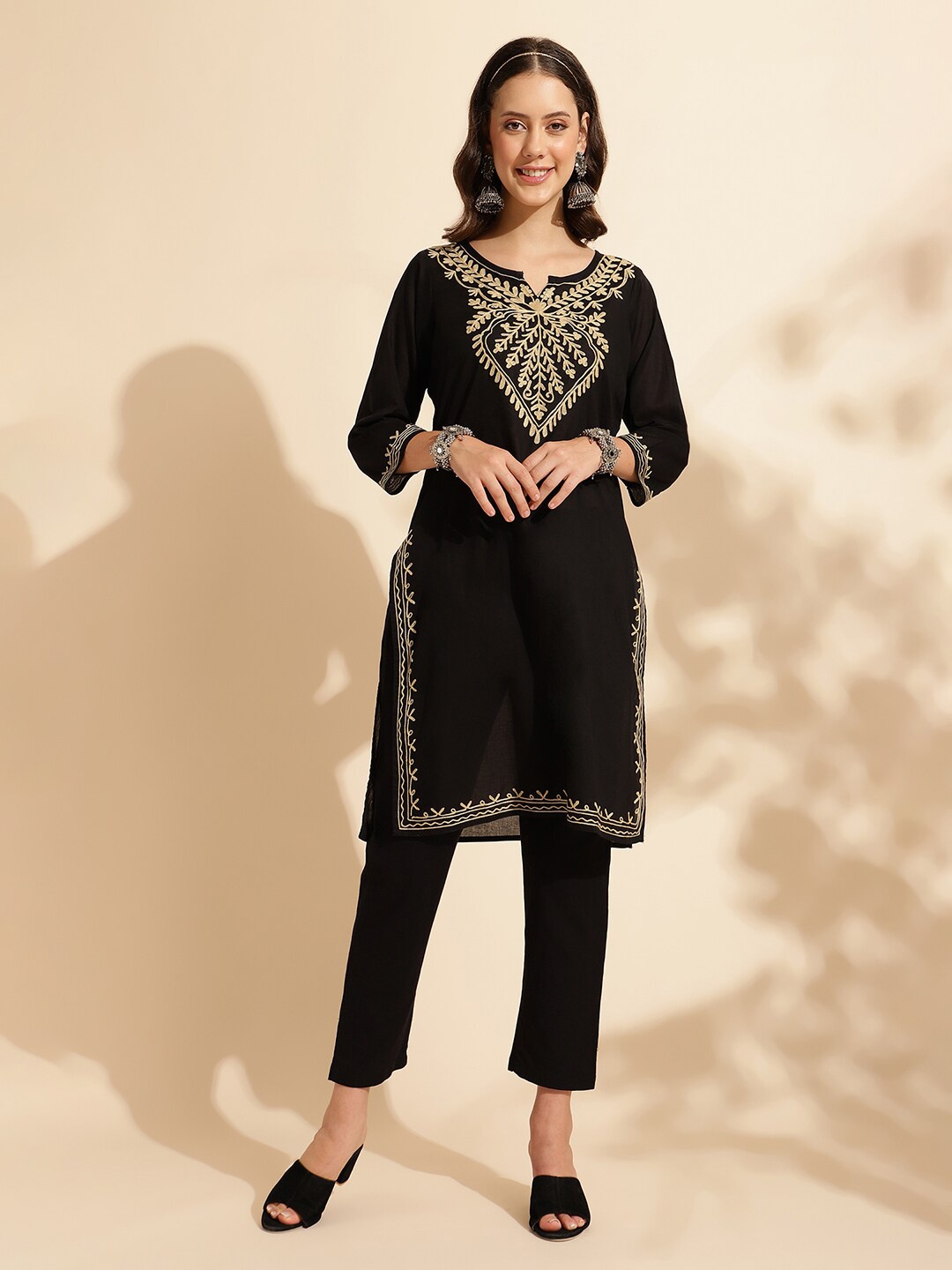

KALINI Embroidered Cotton Straight Kurta, Black