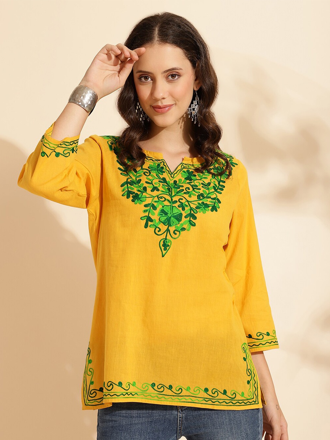 

KALINI Floral Embroidered Pure Cotton Kurti, Yellow