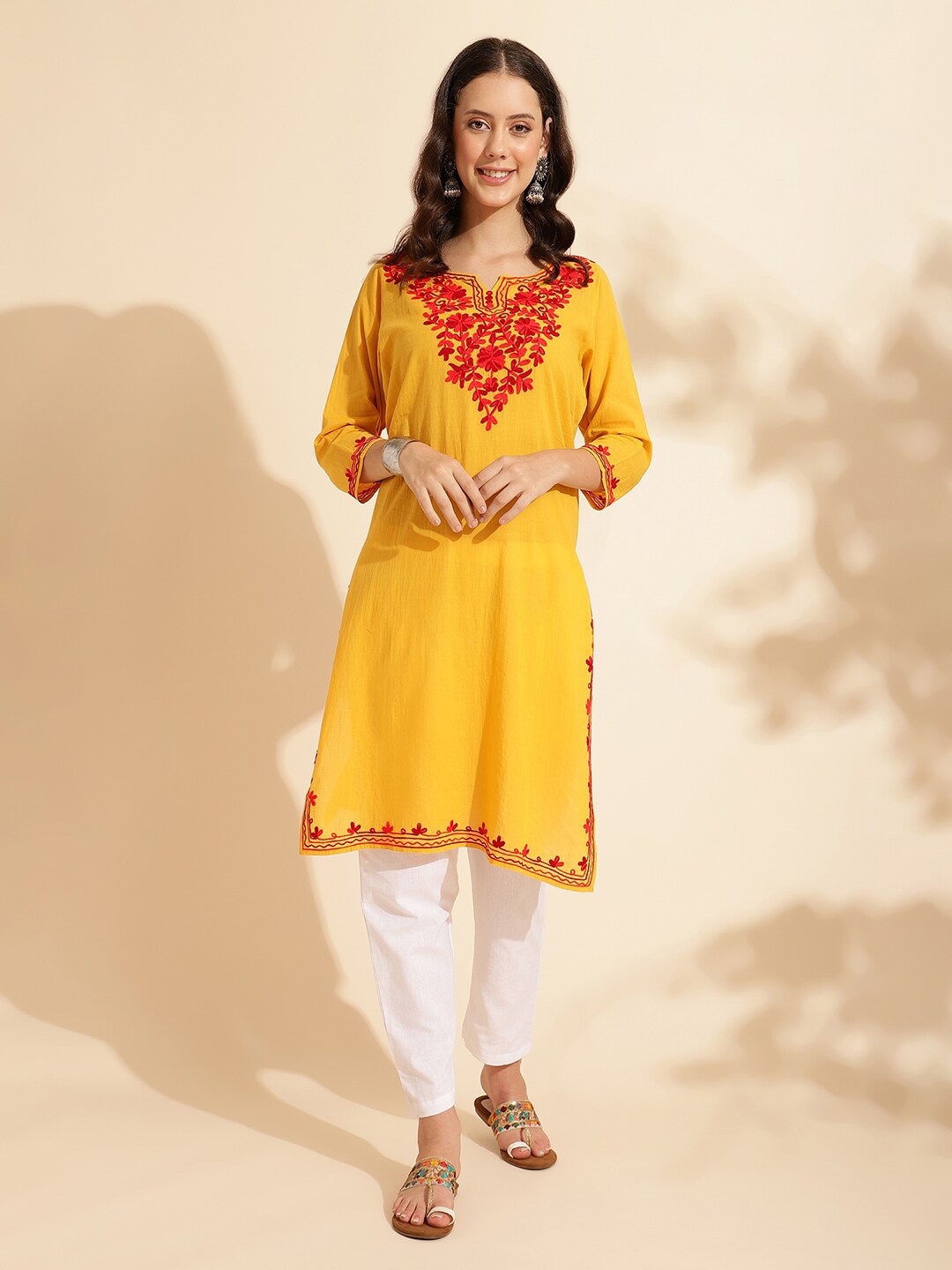 

KALINI Floral Embroidered Pure Cotton Straight Kurta, Yellow