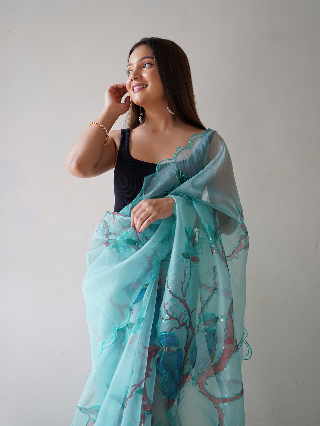 

SAREESBYCHIRAG Embroidered Embellished Organza Saree, Blue