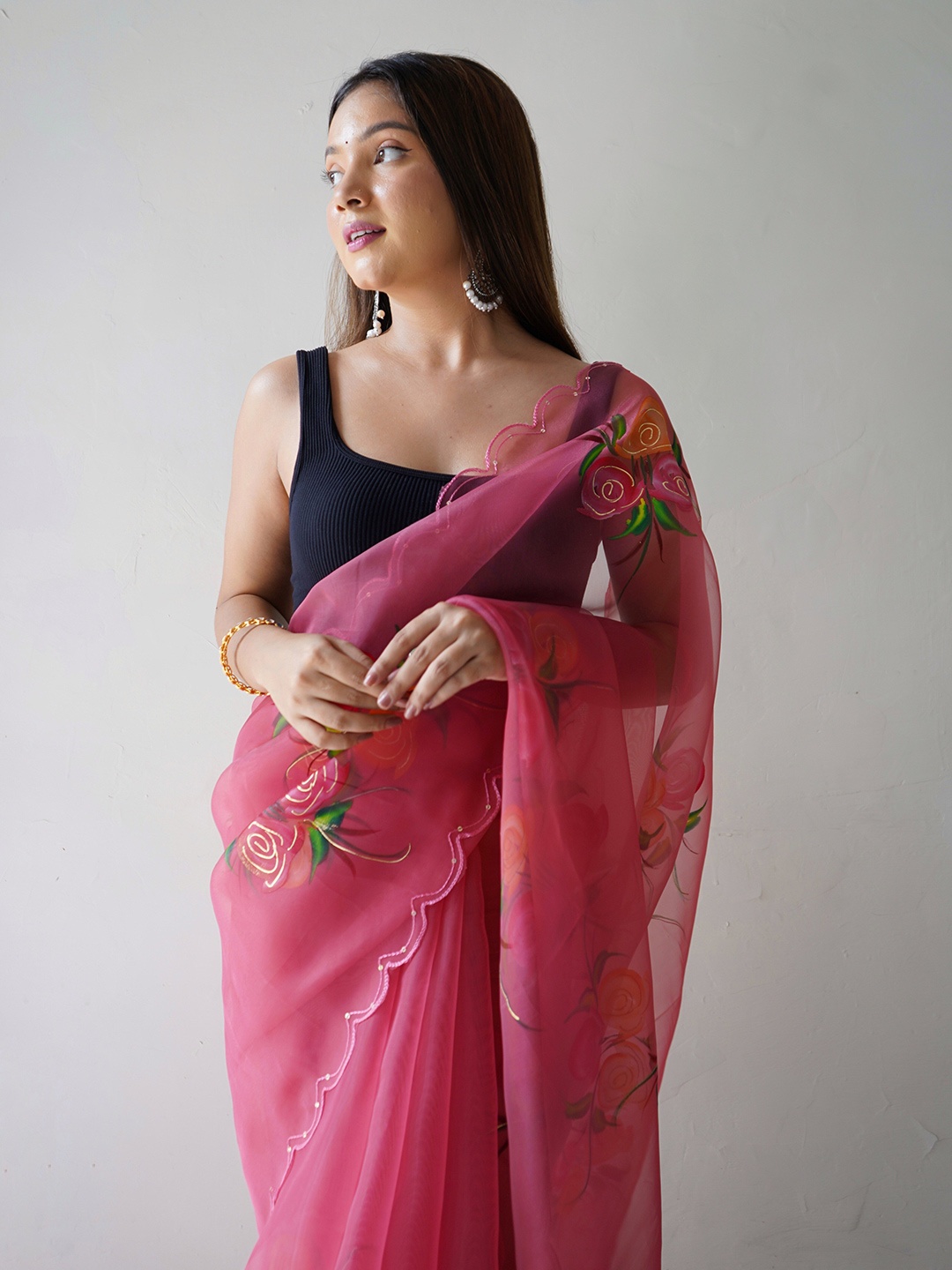 

SAREESBYCHIRAG Floral Embellished Organza Saree, Peach