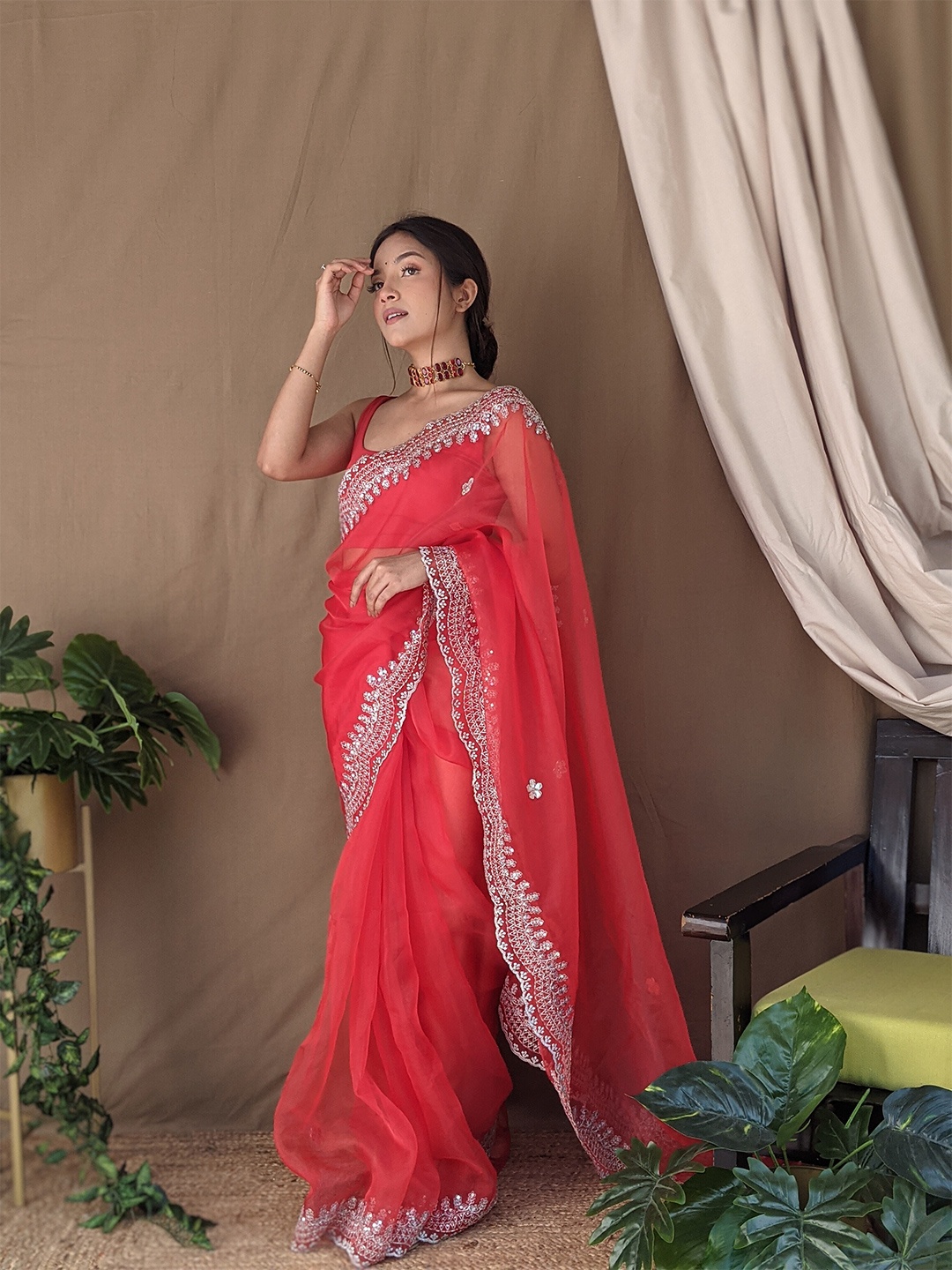 

SAREESBYCHIRAG Ethnic Motifs Embroidered Organza Designer Saree, Red