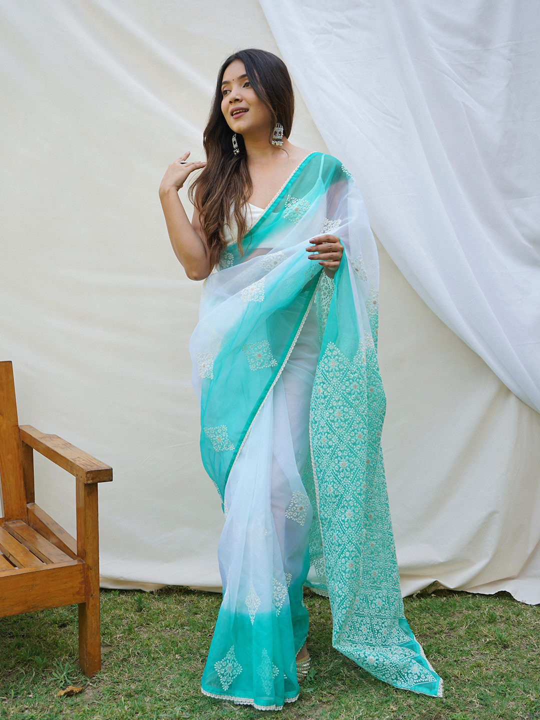 

SAREESBYCHIRAG Ethnic Motifs Embroidered Organza Saree With Blouse Piece, Sea green