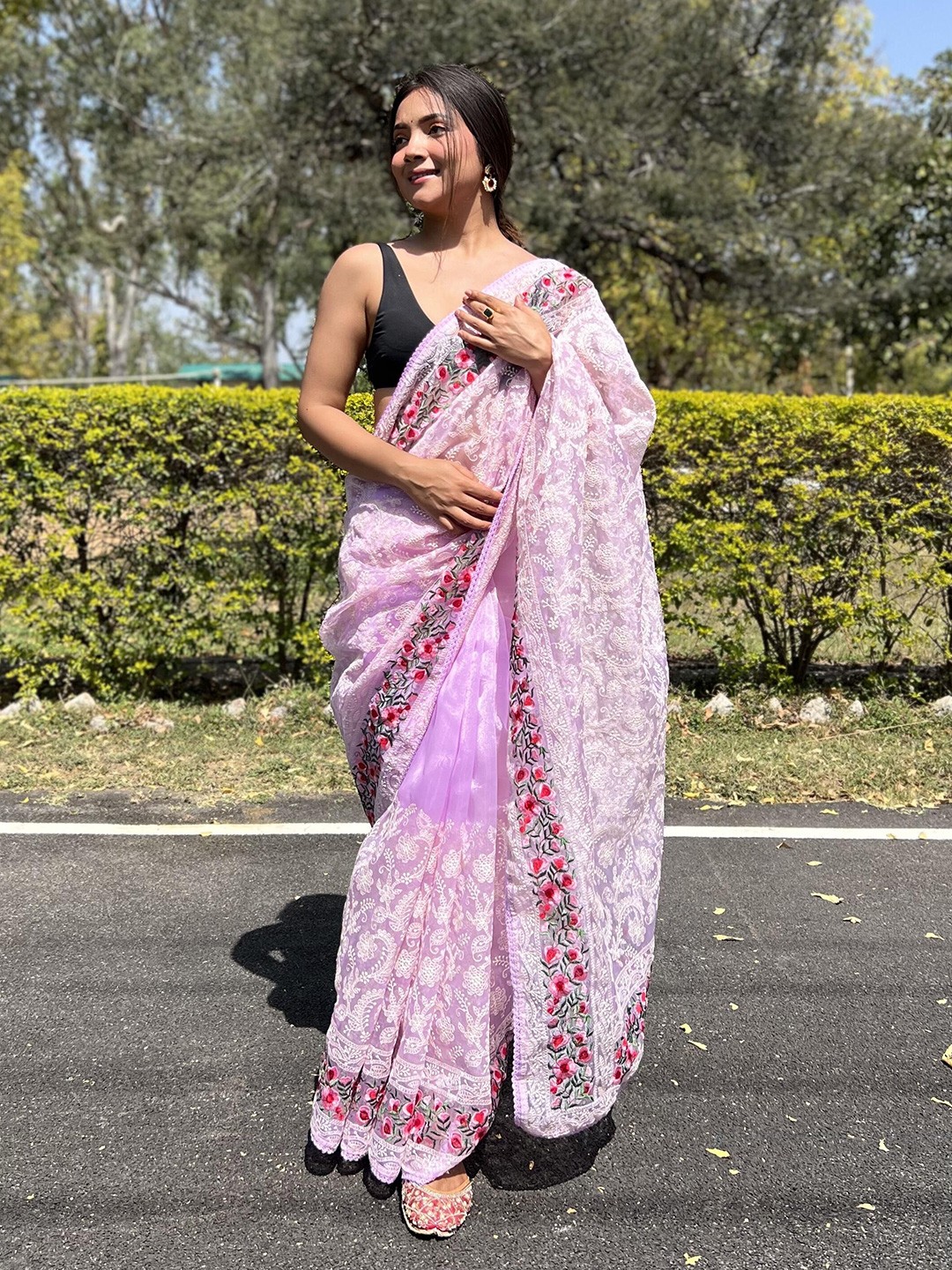 

SAREESBYCHIRAG Ethnic Motifs Embroidered Organza Designer Saree, Purple
