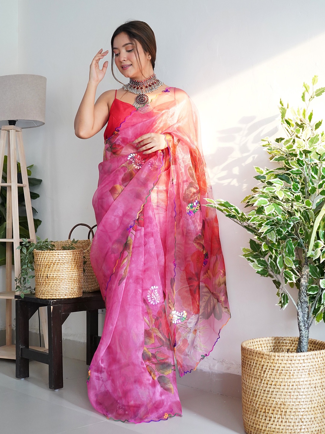 

SAREESBYCHIRAG Floral Embroidered Organza Designer Saree, Pink