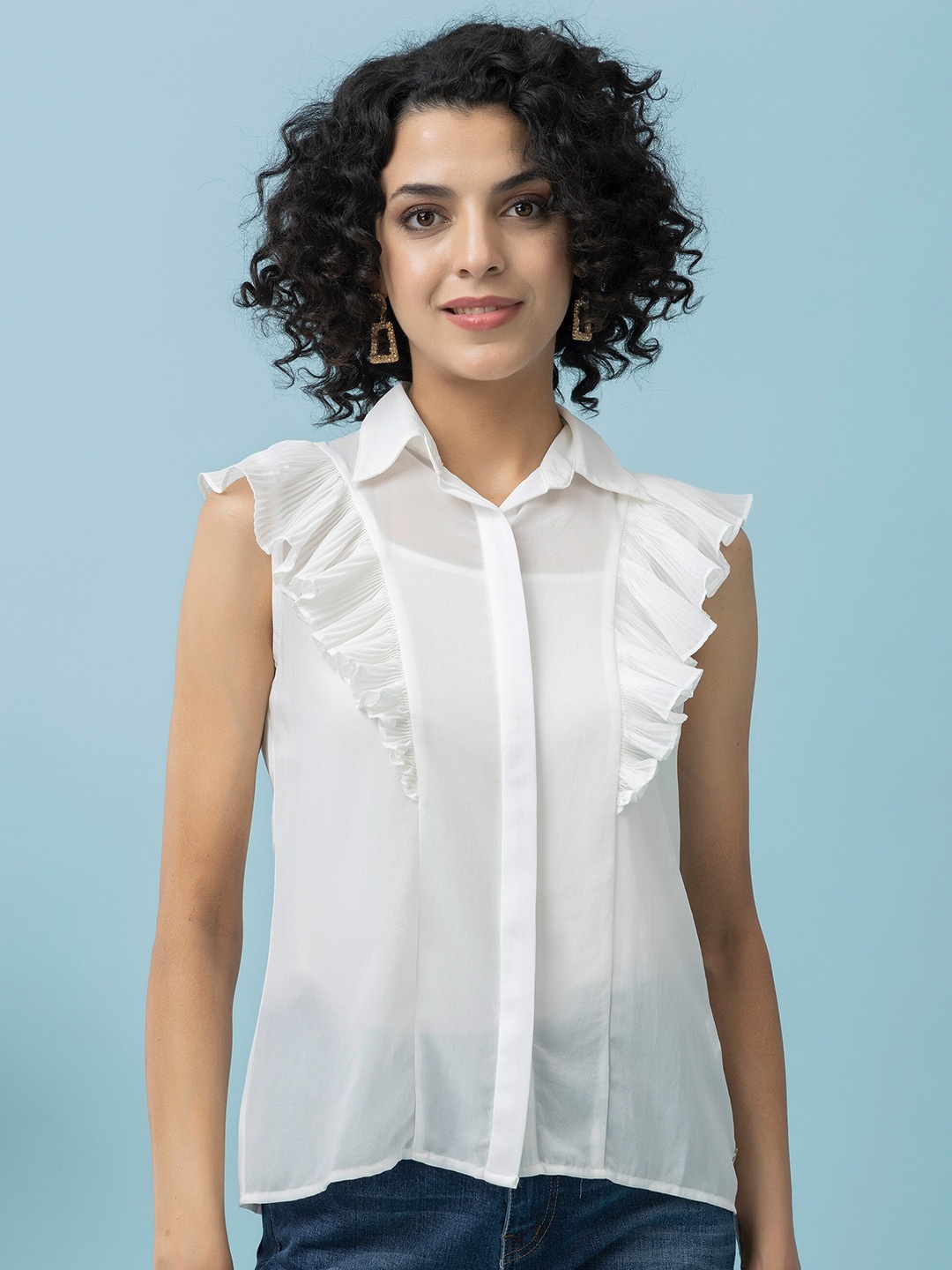 

Beatnik Georgette Shirt Collar Sleeveless Top, White