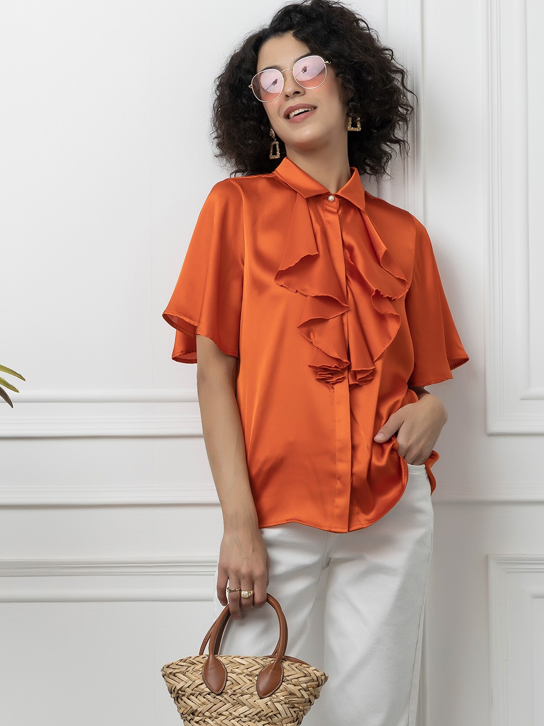 

Beatnik Tie-Up Neck Flared Sleeve Satin Top, Orange
