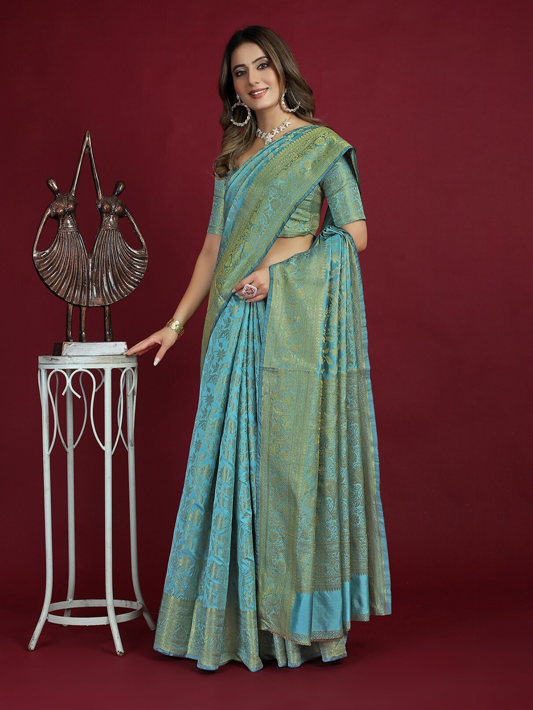 

SGF11 Woven Design Zari Art Silk Heavy Work Kanjeevaram Saree, Sea green