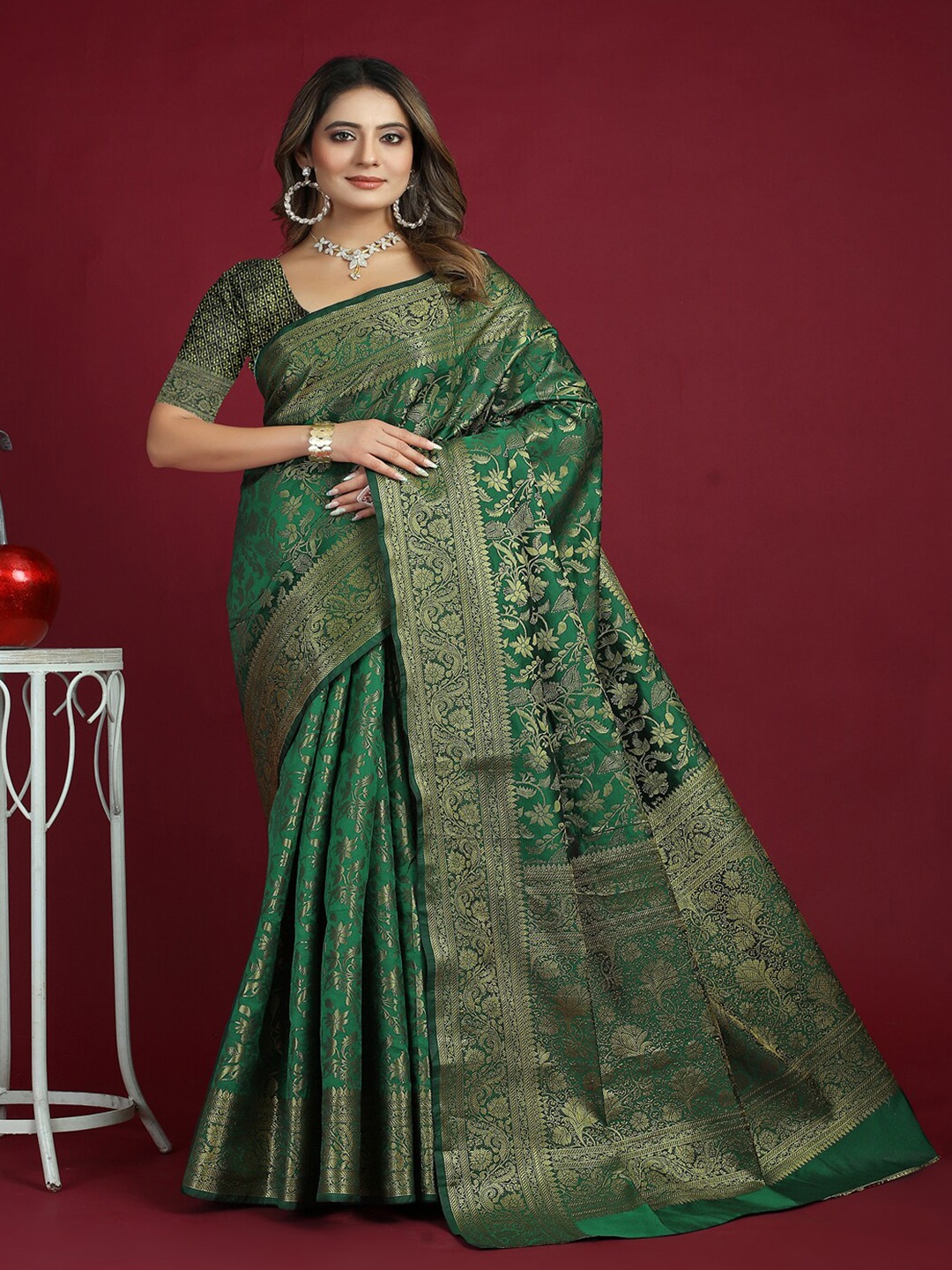 

SGF11 Woven Design Zari Art Silk Kanjeevaram Saree, Green