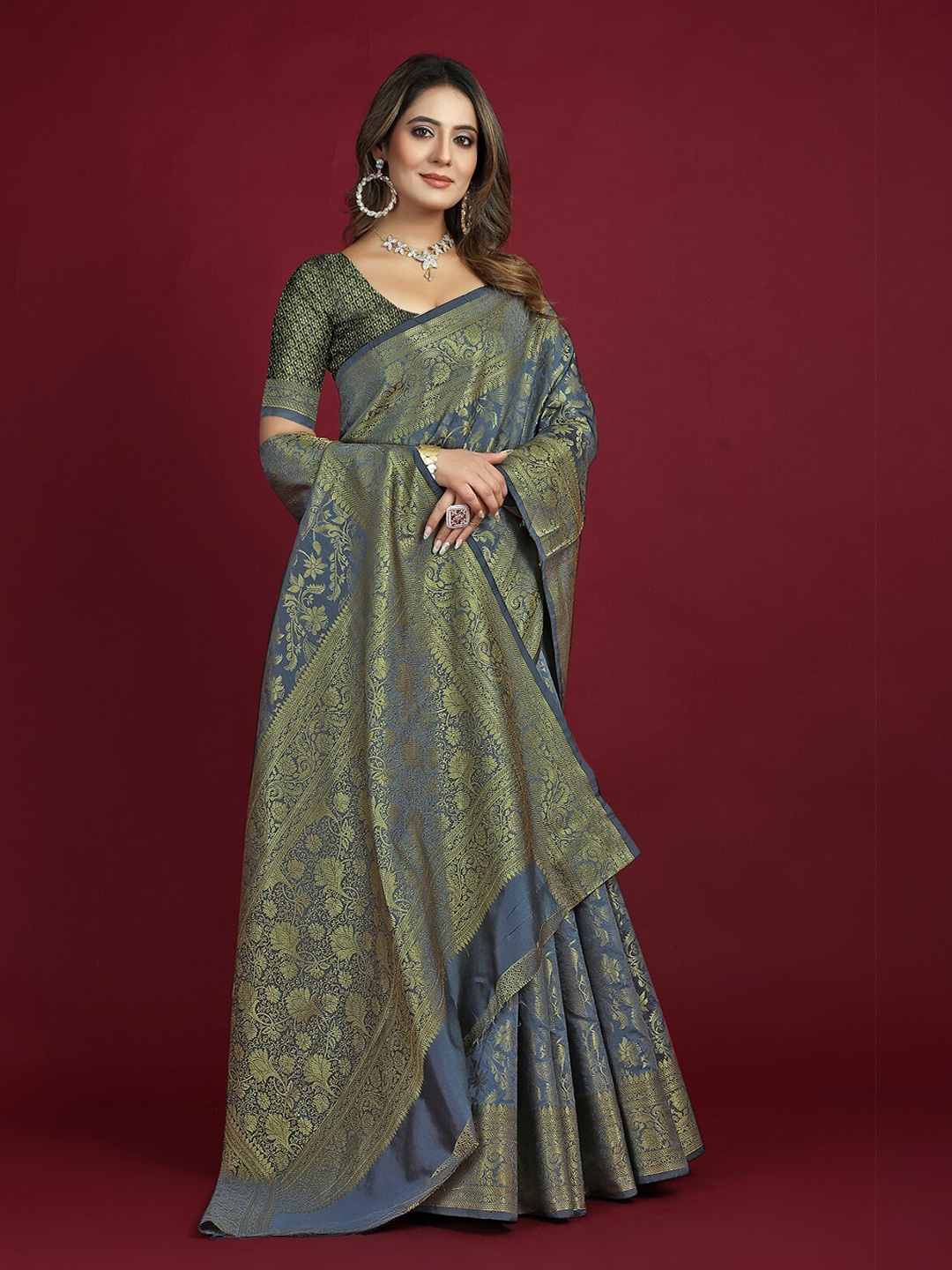 

SGF11 Woven Design Zari Art Silk Kanjeevaram Saree, Grey