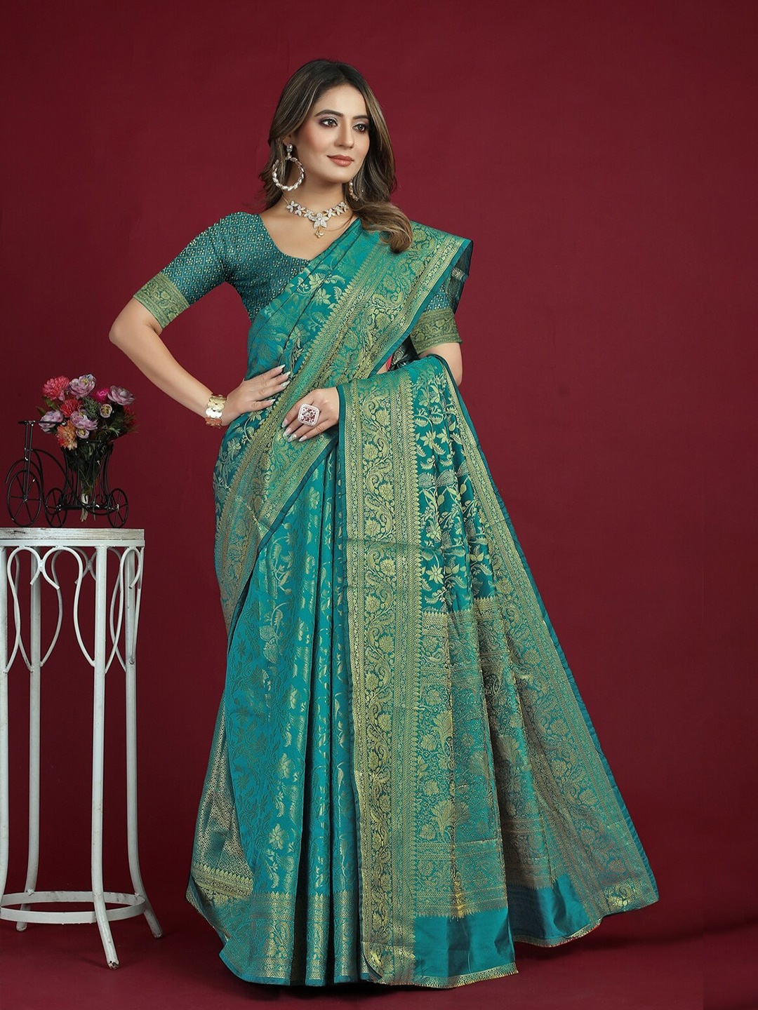 

SGF11 Woven Design Zari Art Silk Heavy Work Kanjeevaram Saree, Teal