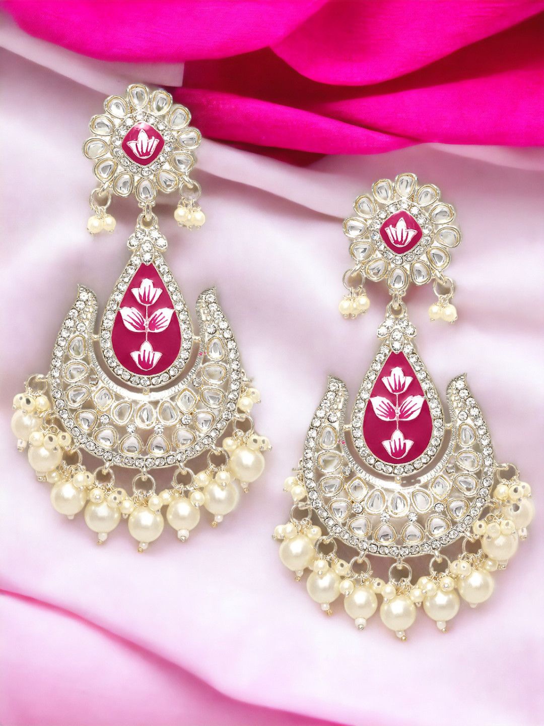 

OOMPH Kundan Studded Floral Meenakari Drop Earrings, Silver