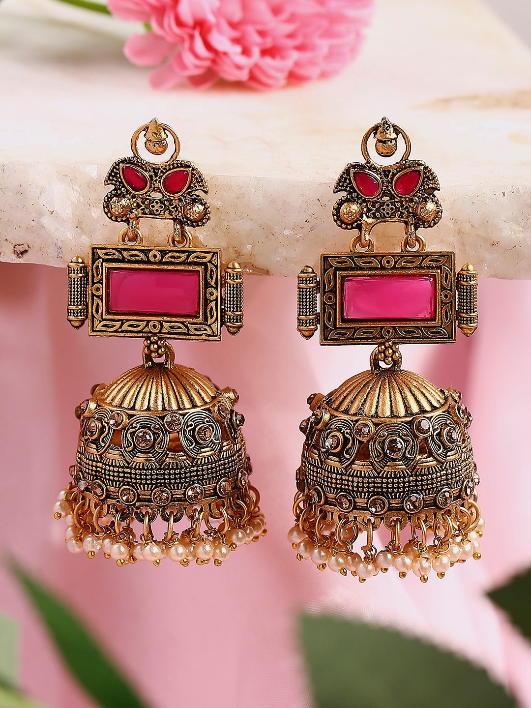

OOMPH Stone-Studed Contemporary Jhumkas, Red