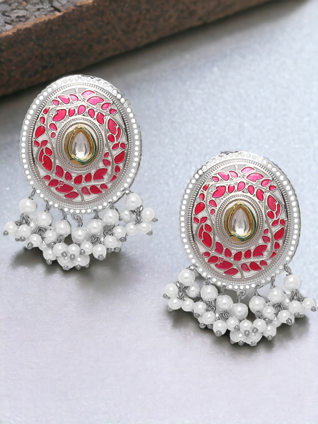 

OOMPH Oval Meenakari & Kundan Drop Earrings, Pink