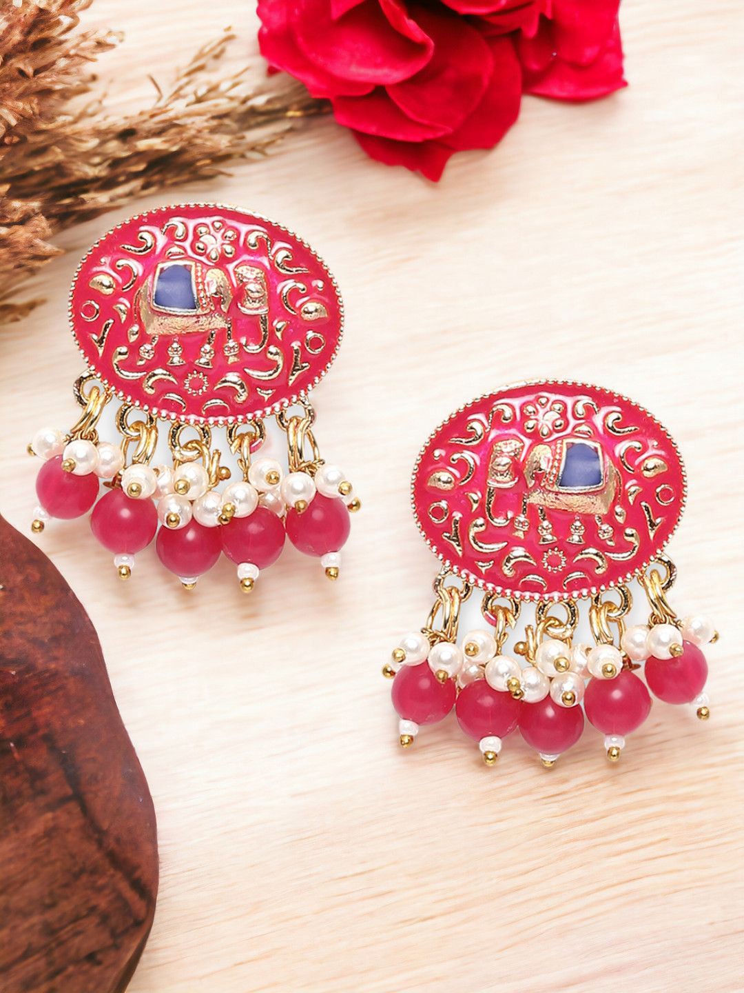 

OOMPH Animal Shaped Meenakari Drop Earrings, Pink