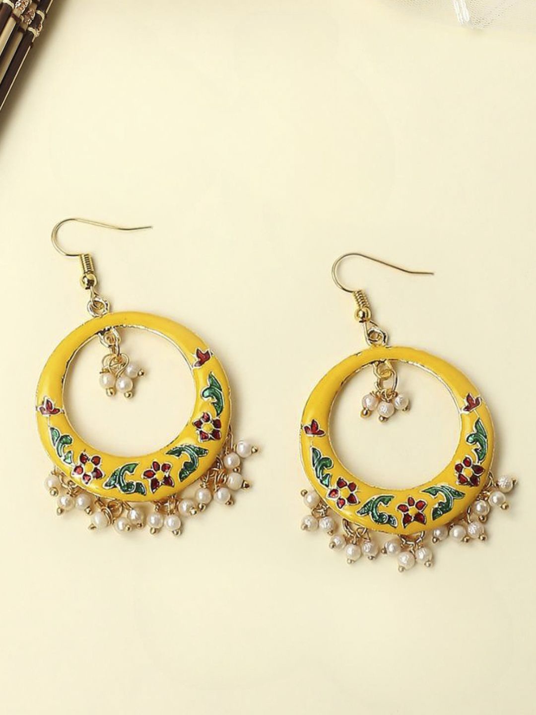 

OOMPH Floral Meenakari Chandbalis, Yellow