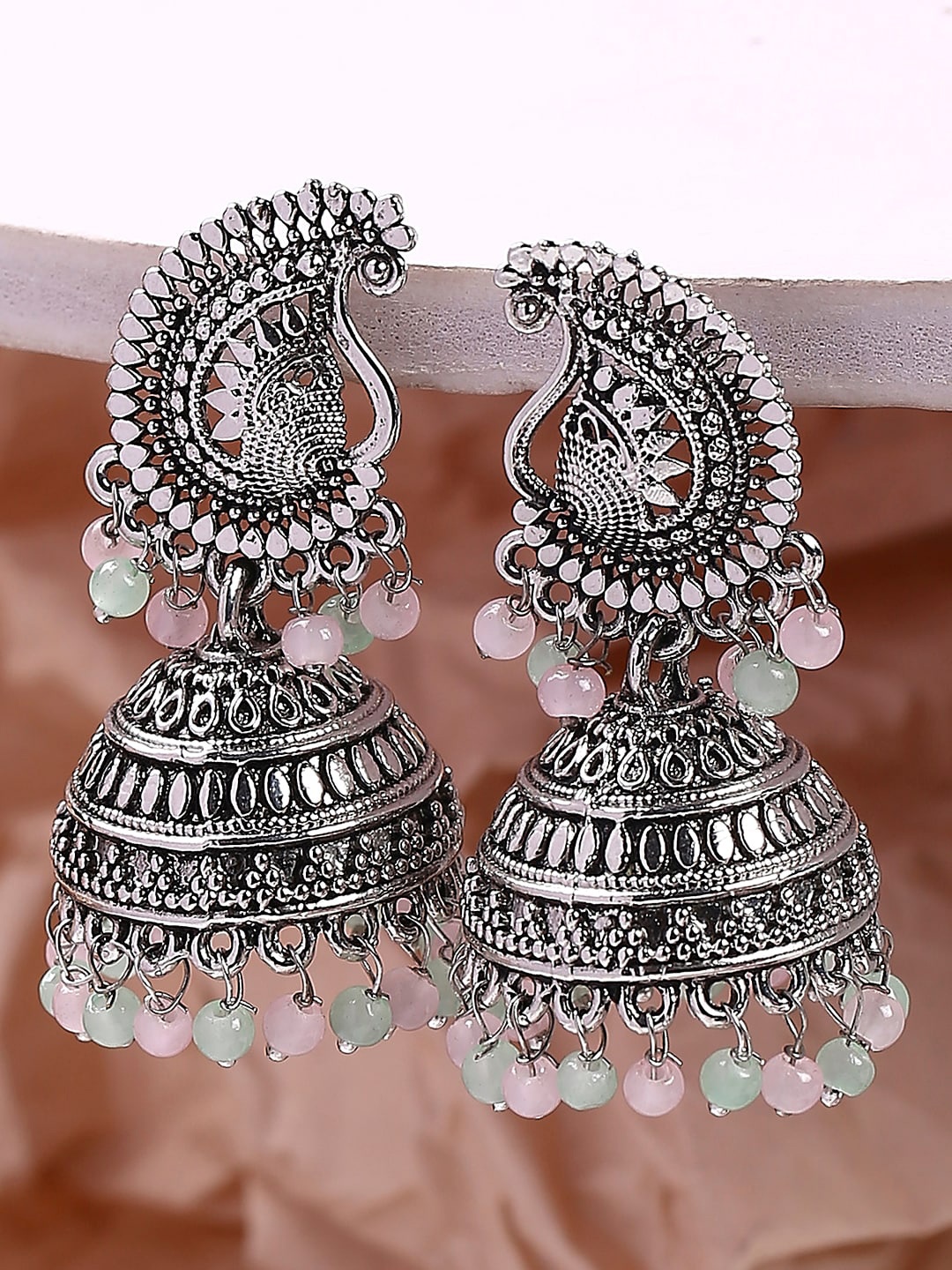 

OOMPH Oxidised Peacock Shaped Jhumkas, Silver