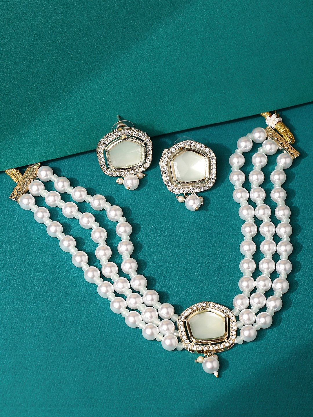 

OOMPH Artificial Pearls & Stone-Studded Choker Jewellery Set, Green