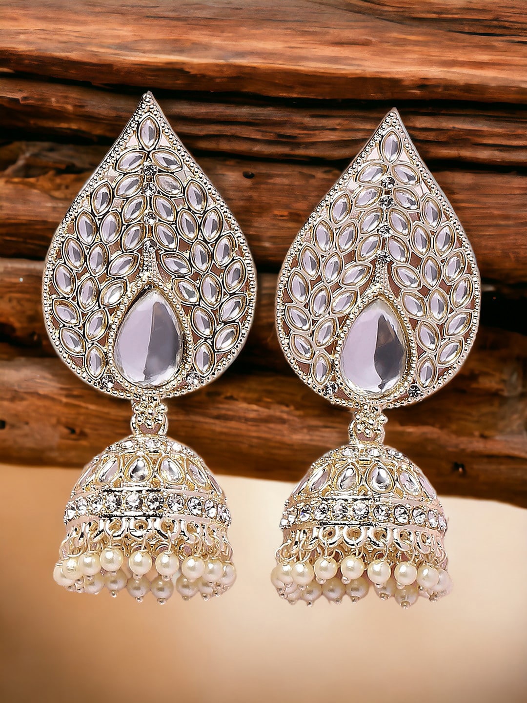 

OOMPH Teardrop Shaped Kundan Jhumkas, Gold